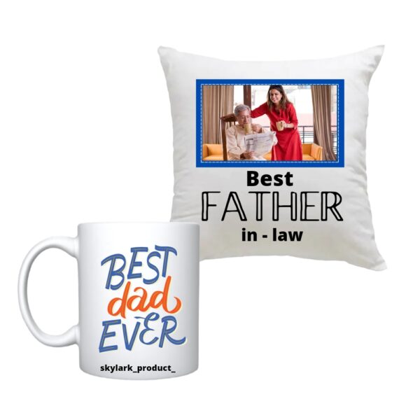 Father's Day Gift Set with Customizable Photo Cushion and Best Dad Coffee Mug, White