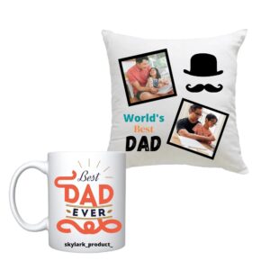 “World’s Best Dad” Cushion & “Best Dad Ever” Mug Combo Gift Set – Ideal for Father’s Day, Birthday & Special Occasions