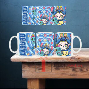 LABUBU Colorful Cartoon Character Mug – Cute Blue Design with Flowers and Toy